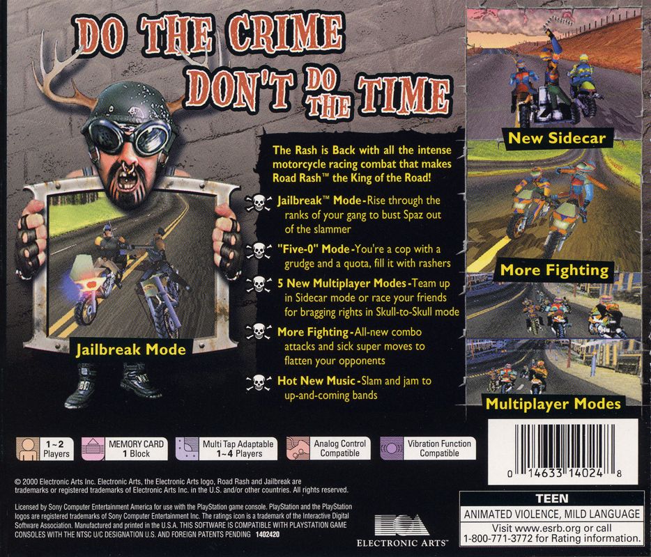Road Rash: Jailbreak | PlayStation | back cover | region=North America | source-country=United States | zypher-v2 | moby-b9fd66c50426 | Data by MobyGames.com
