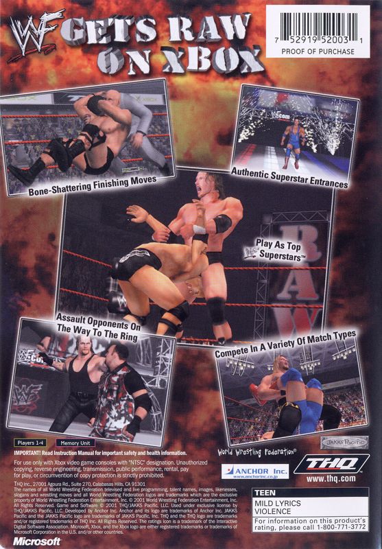 WWF Raw | Xbox | back cover | Region: North America | source-country=Canada,United States | Data by MobyGames.com