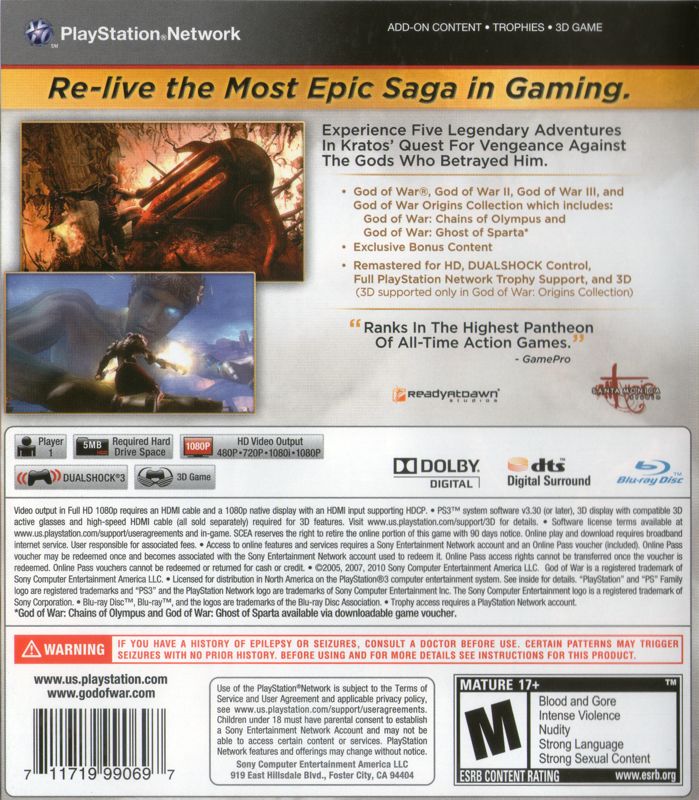 God of War: Saga | PlayStation 3 | back cover | region=North America | source-country=Canada,Mexico,United States | zypher-v2 | moby-a4166babfba1 | Data by MobyGames.com