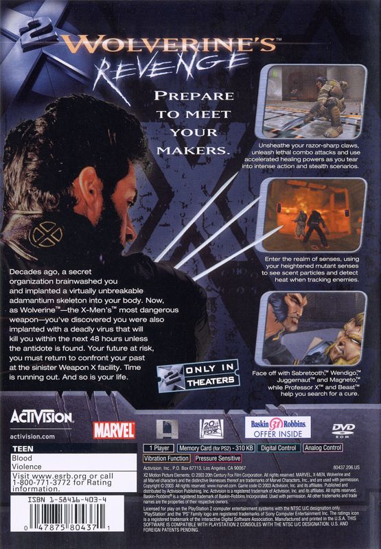 X2: Wolverine's Revenge | PlayStation 2 | back cover | region=North America | source-country=Canada,United States | zypher-v2 | moby-031c183195e3 | Data by MobyGames.com