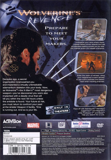 X2: Wolverine's Revenge | PlayStation 2 | back cover | region=North America | source-country=Canada,United States | zypher-v2 | moby-031c183195e3 | Data by MobyGames.com