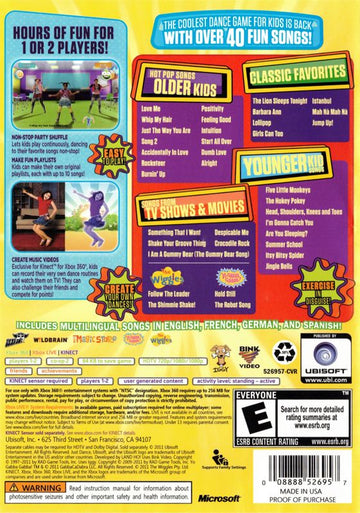 
Just Dance: Kids 2 | Xbox 360 | back cover | Region: North America | source-country=United States | Data by MobyGames.com