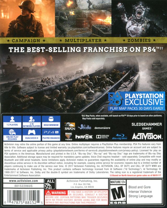 Call of Duty: WWII | PlayStation 4 | back cover | region=North America | source-country=United States | zypher-v2 | moby-8e7e8c68dd03 | Data by MobyGames.com