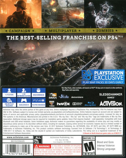 Call of Duty: WWII | PlayStation 4 | back cover | region=North America | source-country=United States | zypher-v2 | moby-8e7e8c68dd03 | Data by MobyGames.com