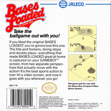 Bases Loaded | Game Boy | back cover | region=North America | source-country=United States | zypher-v2 | moby-01ad28371178 | Data by MobyGames.com