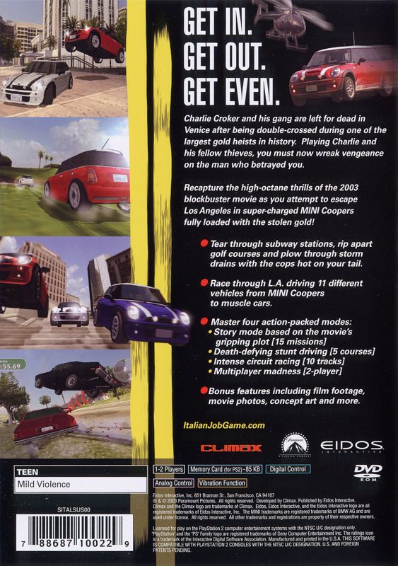 The Italian Job | PlayStation 2 | back cover | region=North America | source-country=Canada,United States | zypher-v2 | moby-058884c55d03 | Data by MobyGames.com