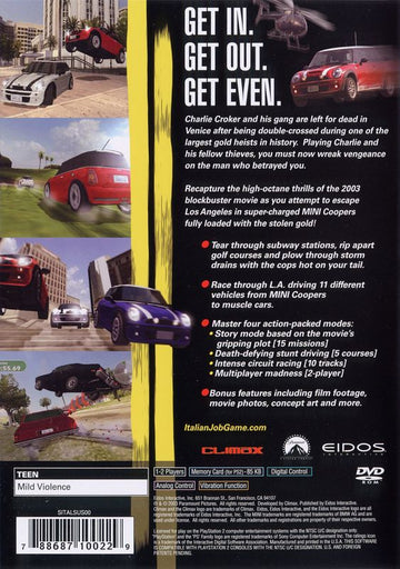 The Italian Job | PlayStation 2 | back cover | region=North America | source-country=Canada,United States | zypher-v2 | moby-058884c55d03 | Data by MobyGames.com