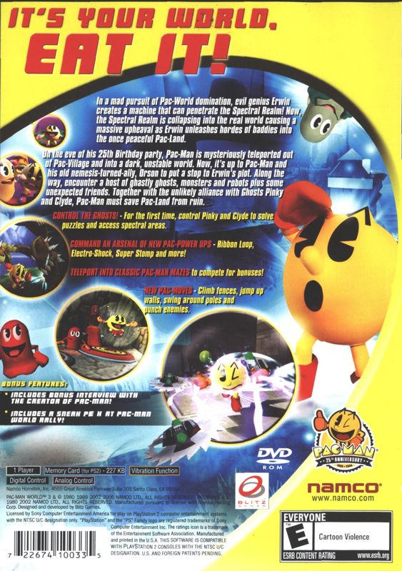 Pac-Man World 3 | PlayStation 2 | back cover | region=North America | source-country=Canada,United States | zypher-v2 | moby-83711b12024b | Data by MobyGames.com