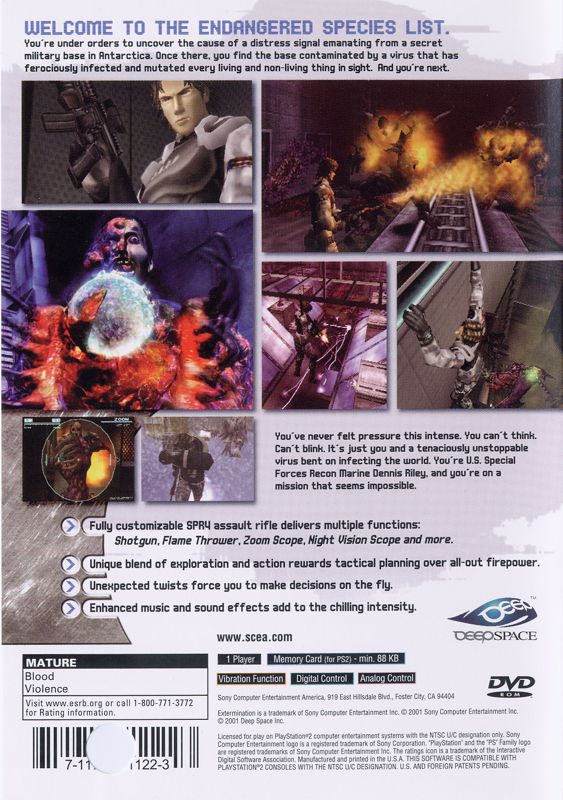 
Extermination | PlayStation 2 | back cover | Region: North America | source-country=Canada,United States | Data by MobyGames.com