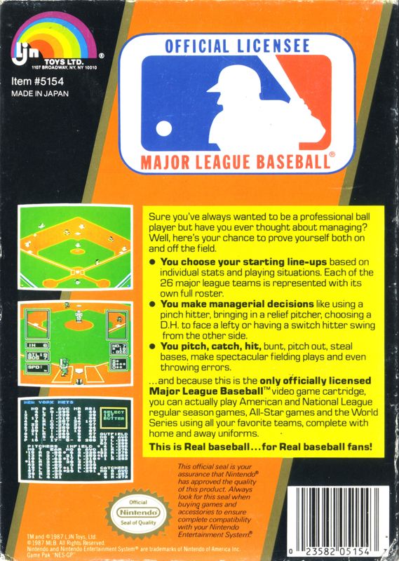
Major League Baseball | NES | back cover | Data by MobyGames.com