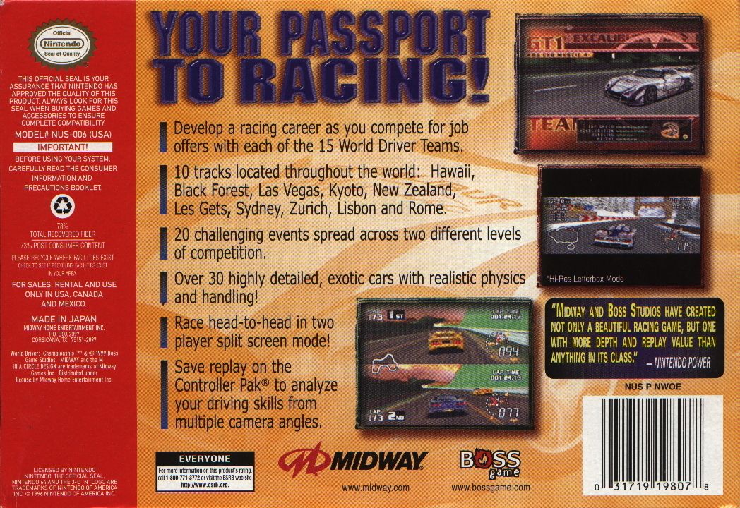 
World Driver Championship | Nintendo 64 | back cover | Data by MobyGames.com