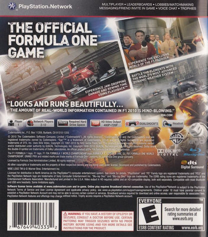 
F1 2010 | PlayStation 3 | back cover | Region: North America | source-country=Canada,United States | Data by MobyGames.com