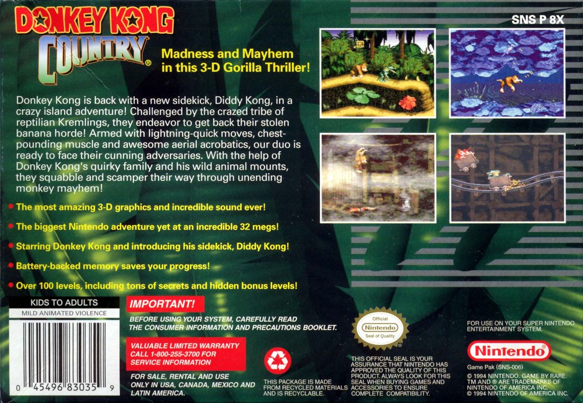 
Donkey Kong Country | SNES | back cover | Data by MobyGames.com