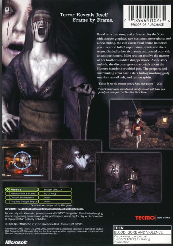 Fatal Frame | Xbox | back cover | Data by MobyGames.com