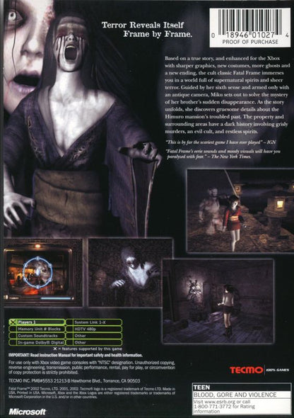 
Fatal Frame | Xbox | back cover | Data by MobyGames.com