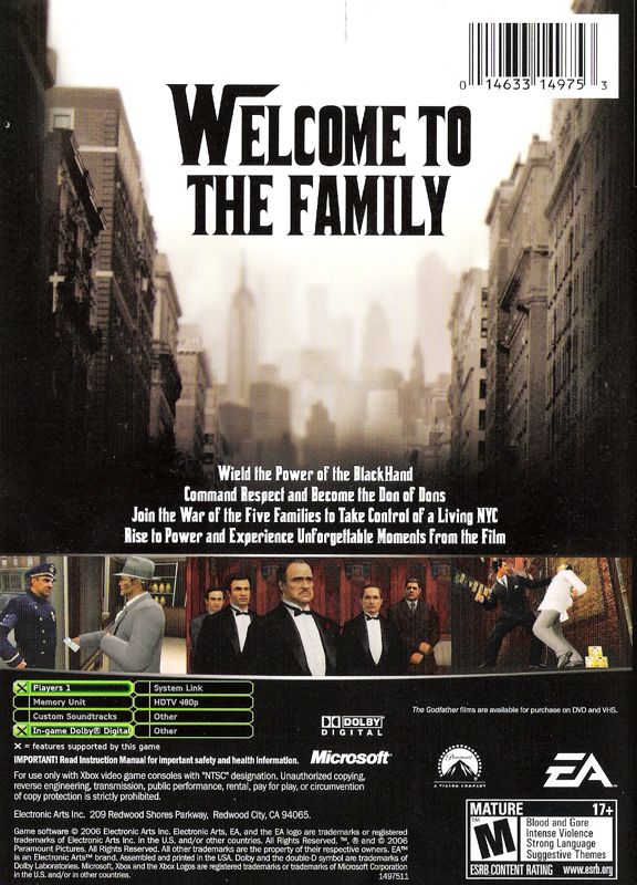 The Godfather: The Game | Xbox | back cover | region=North America | source-country=Canada,United States | zypher-v2 | moby-ead0e779a31b | Data by MobyGames.com