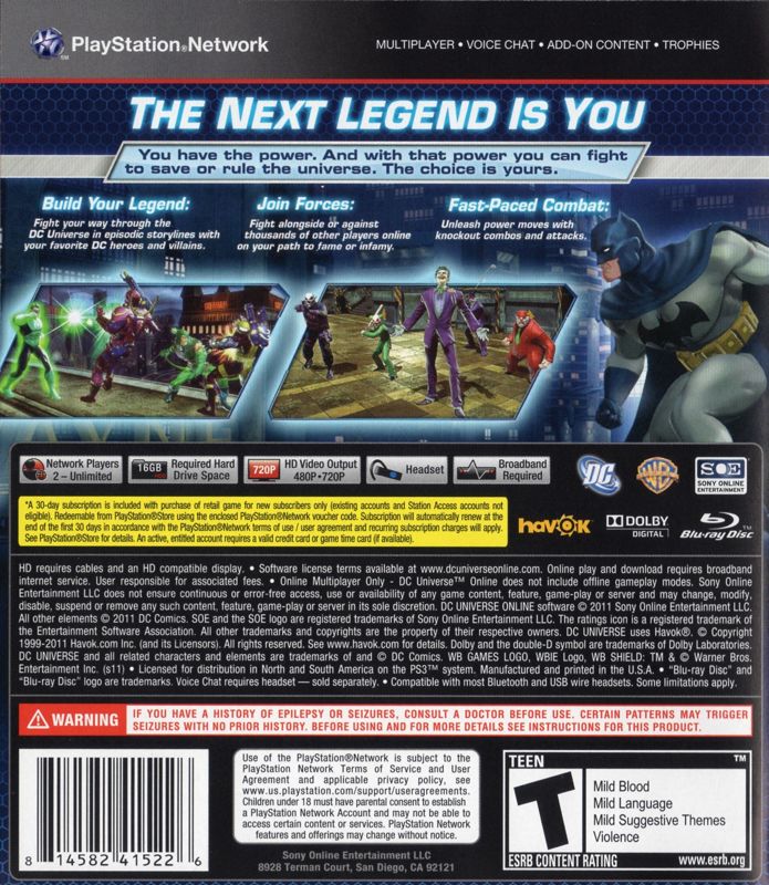 DC Universe Online | PlayStation 3 | back cover | region=North America | source-country=United States | zypher-v2 | moby-ff3f8387debb | Data by MobyGames.com