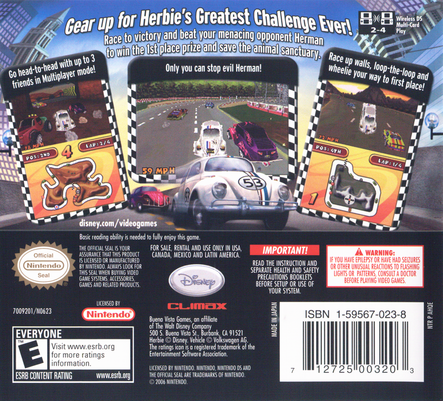 
Disney's Herbie: Rescue Rally | Nintendo DS | back cover | Data by MobyGames.com