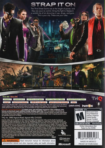 Saints Row: The Third | Xbox 360 | back cover | region=North America | source-country=United States | zypher-v2 | moby-12d4f6fb6668 | Data by MobyGames.com