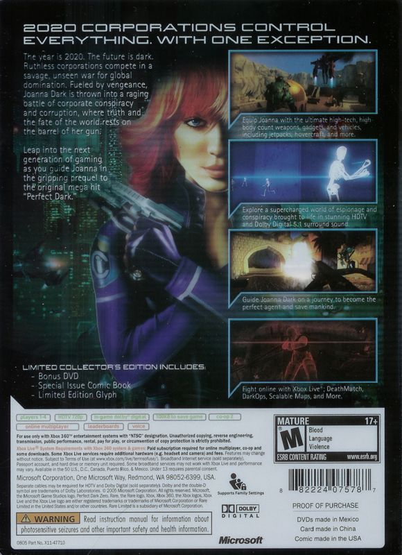 
Perfect Dark Zero (Limited Collector's Edition) | Xbox 360 | back cover | Region: North America | source-country=United States | Data by MobyGames.com
