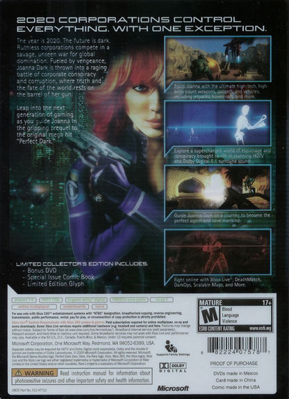 
Perfect Dark Zero (Limited Collector's Edition) | Xbox 360 | back cover | Region: North America | source-country=United States | Data by MobyGames.com