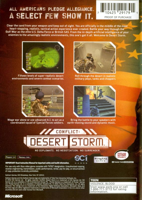 Conflict: Desert Storm | Xbox | back cover | Region: North America | source-country=United States | Data by MobyGames.com