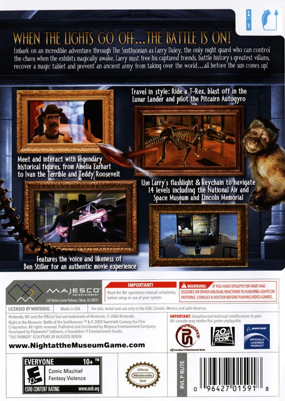 Night at the Museum: Battle of the Smithsonian - The Video Game | Wii | back cover | region=North America | source-country=Canada,Mexico,United States | zypher-v2 | moby-8d80d9d7ff3f | Data by MobyGames.com
