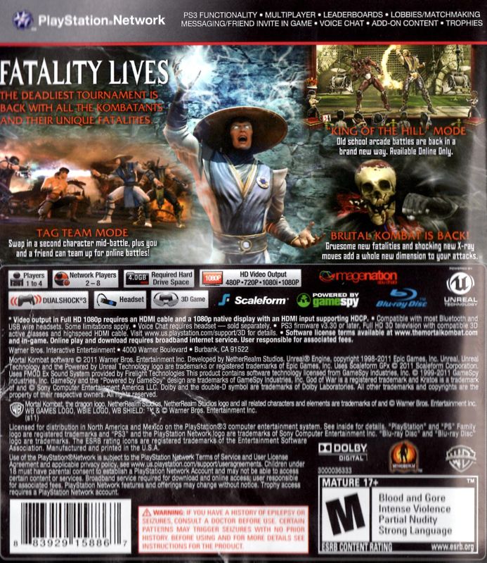 Mortal Kombat | PlayStation 3 | back cover | region=North America | source-country=United States | zypher-v2 | moby-9c833eaf4766 | Data by MobyGames.com