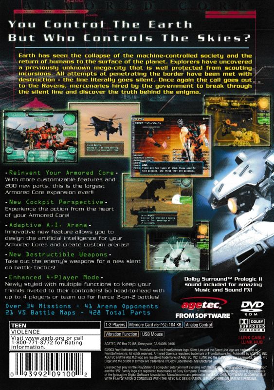 
Silent Line: Armored Core | PlayStation 2 | back cover | Region: North America | source-country=Canada,United States | Data by MobyGames.com