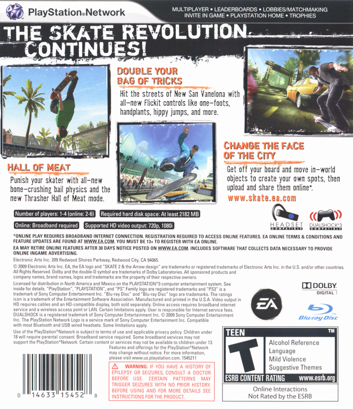 skate 2 | PlayStation 3 | back cover | region=North America | source-country=United States | zypher-v2 | moby-b6fe18b7aa5b | Data by MobyGames.com