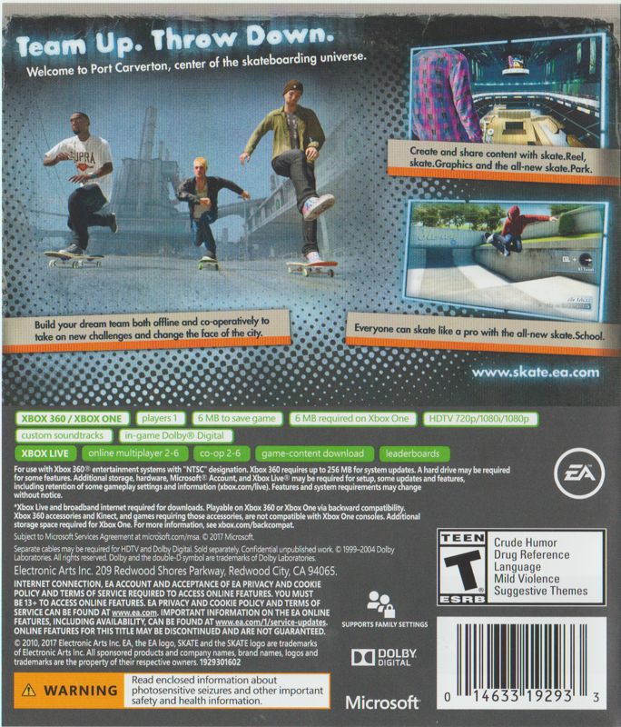 skate 3 | Xbox 360 | back cover | region=North America | source-country=United States | zypher-v2 | moby-52c0b1d750fe | Data by MobyGames.com