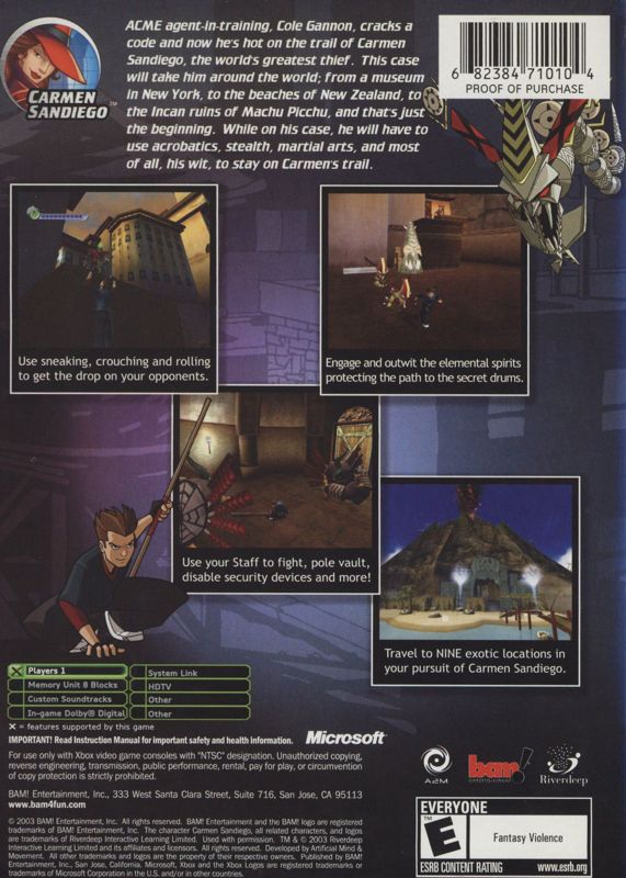 Carmen Sandiego: The Secret of the Stolen Drums | Xbox | back cover | Data by MobyGames.com