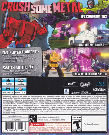 
Transformers: Devastation | PlayStation 4 | back cover | Data by MobyGames.com