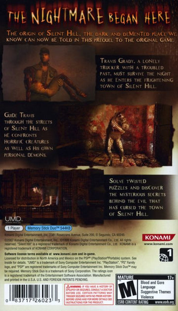 
Silent Hill: 0rigins | PSP | back cover | Data by MobyGames.com