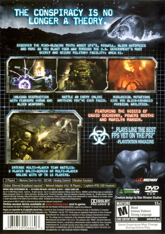 
Area-51 | PlayStation 2 | back cover | Region: North America | source-country=Canada,United States | Data by MobyGames.com