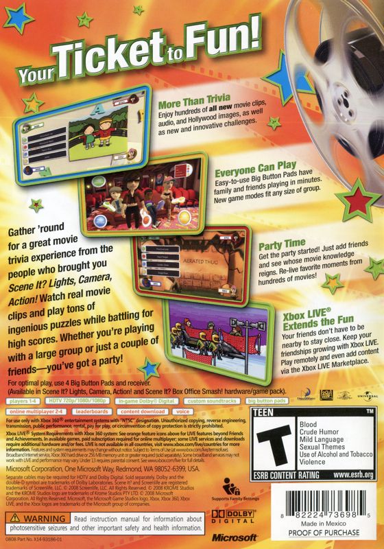 Scene It? Box Office Smash! | Xbox 360 | back cover | region=North America | source-country=Canada,United States | zypher-v2 | moby-e9ce7fe98ba7 | Data by MobyGames.com