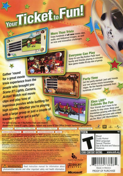Scene It? Box Office Smash! | Xbox 360 | back cover | region=North America | source-country=Canada,United States | zypher-v2 | moby-e9ce7fe98ba7 | Data by MobyGames.com
