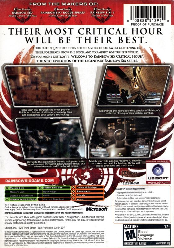 Tom Clancy's Rainbow Six: Critical Hour | Xbox | back cover | region=North America | source-country=United States | zypher-v2 | moby-6c62072e4c37 | Data by MobyGames.com