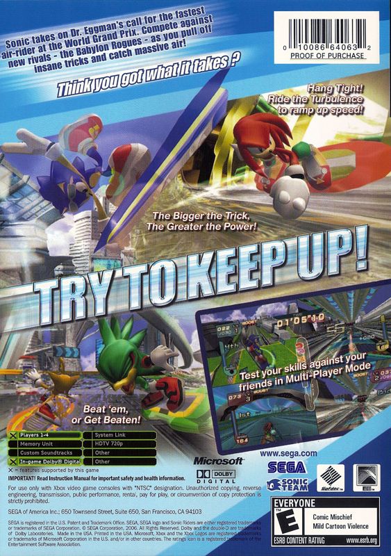 
Sonic Riders | Xbox | back cover | Data by MobyGames.com