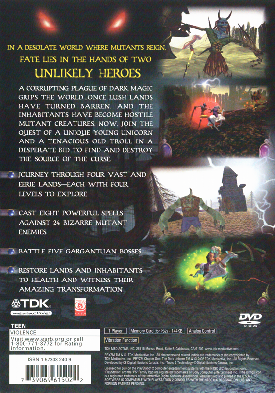 Pryzm: Chapter One - The Dark Unicorn | PlayStation 2 | back cover | region=North America | source-country=Canada,United States | zypher-v2 | moby-4640769c9fe6 | Data by MobyGames.com