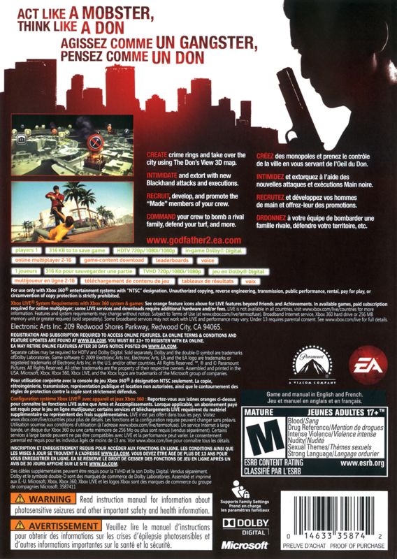 The Godfather II | Xbox 360 | back cover | Data by MobyGames.com