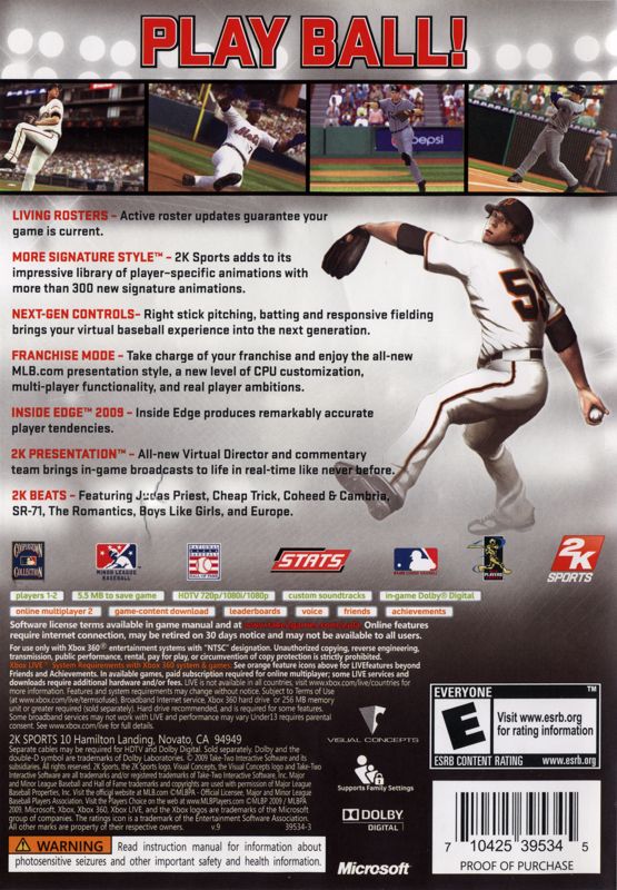 Major League Baseball 2K9 | Xbox 360 | back cover | region=North America | source-country=United States | zypher-v2 | moby-fa0370440c9d | Data by MobyGames.com