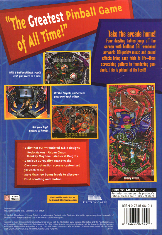 Extreme Pinball | PlayStation | back cover | moby-e89327b7ac6f | Data by MobyGames.com