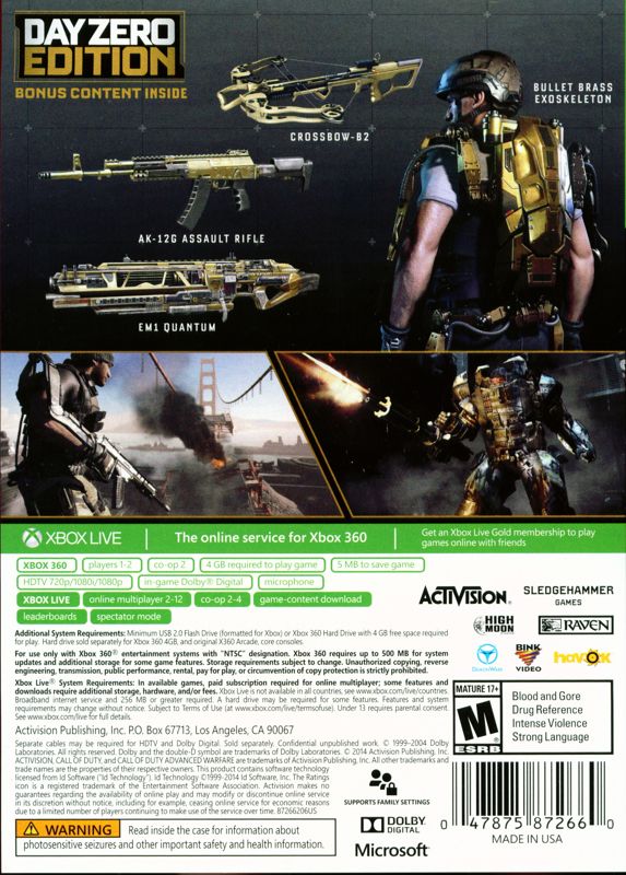 Call of Duty: Advanced Warfare (Day Zero Edition) | Xbox 360 | back cover | region=North America | source-country=Canada,United States | zypher-v2 | moby-9ef3572d29a6 | Data by MobyGames.com