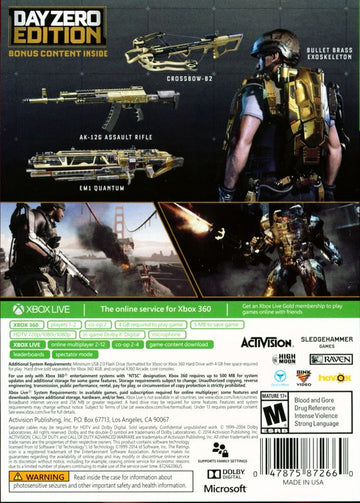 Call of Duty: Advanced Warfare (Day Zero Edition) | Xbox 360 | back cover | region=North America | source-country=Canada,United States | zypher-v2 | moby-9ef3572d29a6 | Data by MobyGames.com