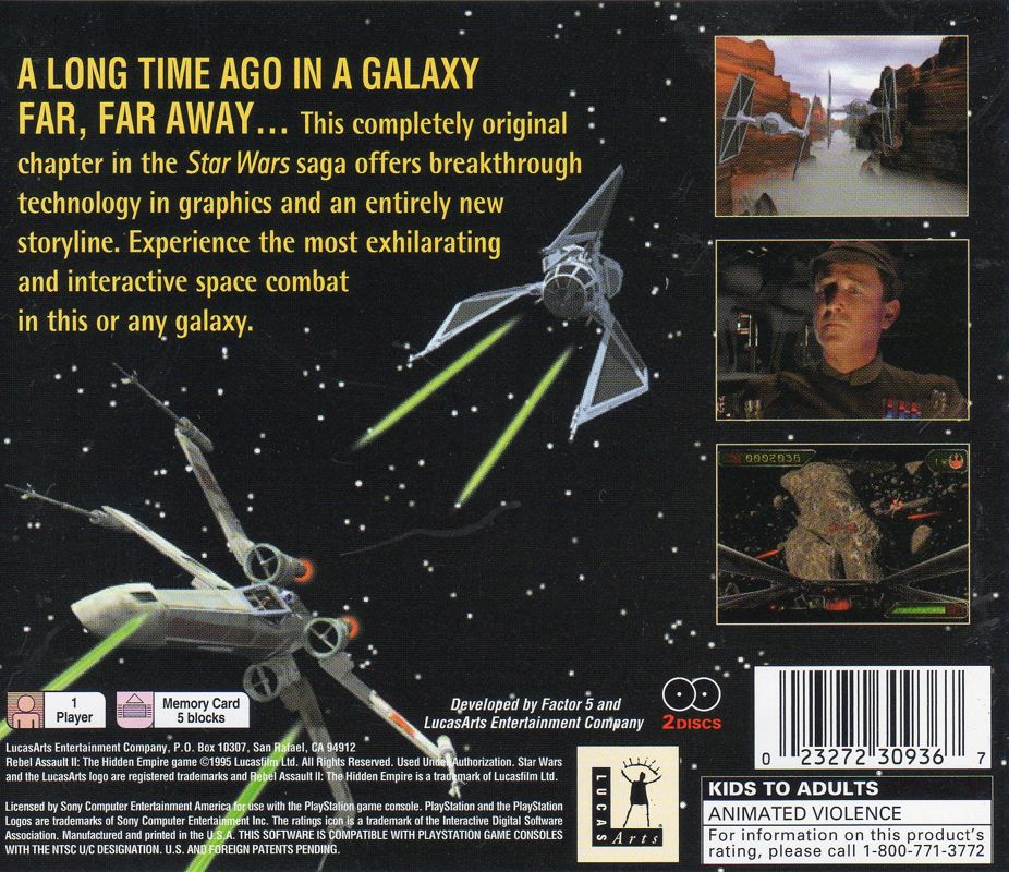 Star Wars: Rebel Assault II - The Hidden Empire | PlayStation | back cover | region=North America | source-country=United States | zypher-v2 | moby-aeccbcd9e418 | Data by MobyGames.com
