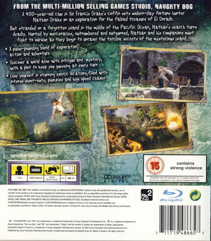 
Uncharted: Drake's Fortune | PlayStation 3 | back cover | Region: PAL | source-country=United Kingdom | Data by MobyGames.com