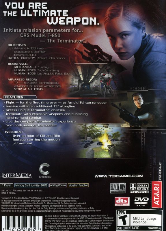 
Terminator 3: Rise of the Machines | PlayStation 2 | back cover | Region: North America | source-country=United States | Data by MobyGames.com
