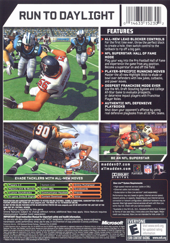 Madden NFL 07 | Xbox | back cover | region=North America | source-country=United States | zypher-v2 | moby-8bc06fe50b06 | Data by MobyGames.com