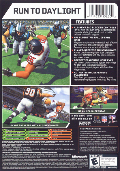 Madden NFL 07 | Xbox | back cover | region=North America | source-country=United States | zypher-v2 | moby-8bc06fe50b06 | Data by MobyGames.com